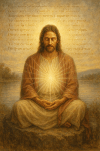 Christ seated not on a throne but on a rock by a lake, eyes closed, radiating white-gold light from his chest outward in rippling waves.