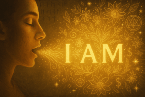 Golden words “I AM” flowing out of a person’s mouth, transforming into luminous fractals, blooming flowers, and symbols of abundance.