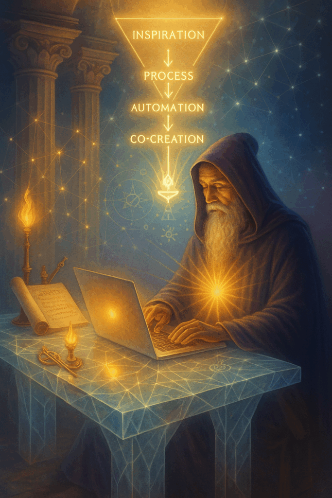 A robed alchemist not in a lab, but at a glowing laptop on a crystalline desk, surrounded by symbols of intention (compass, flame, scroll).