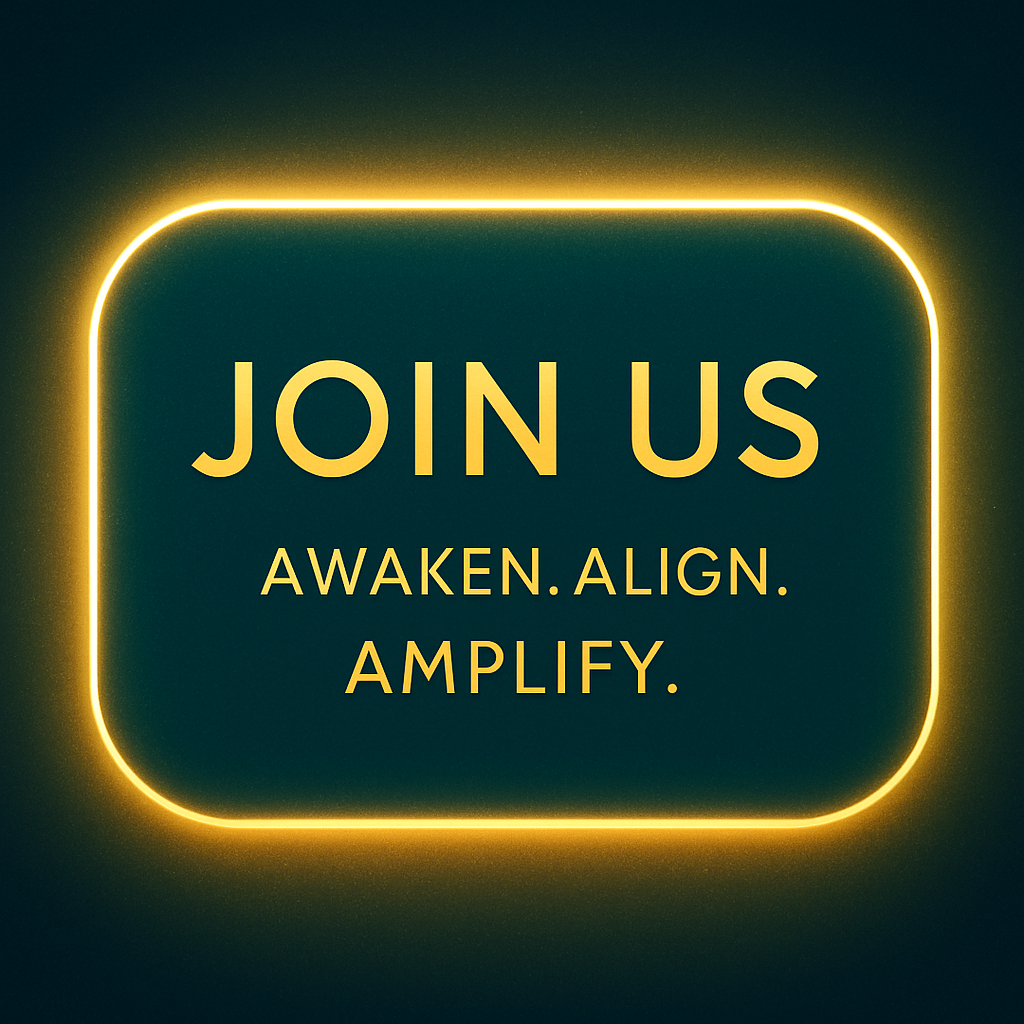 A radiant “Join Us” button with a glowing outline and the phrase: “Awaken. Align. Amplify.”