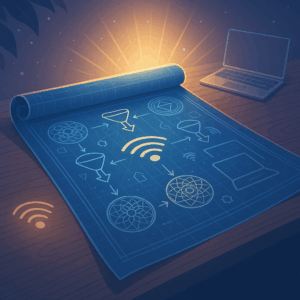 A blueprint scroll unfurling across a glowing desk, showing a diagram where sacred symbols meet tech icons (e.g., mandalas interwoven with funnel diagrams, Wi-Fi icons, gears)