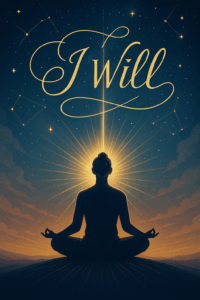 A person sitting in meditation, glowing intention lines emerging from their head, forming the words "I Will" in golden calligraphy that merges into constellations.