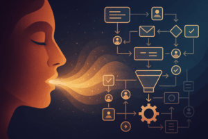 A voice or breath transforming into structured digital flowcharts or icon-based funnels—turning vibration into form.