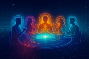 A digital roundtable of luminous figures exchanging light or ideas across a virtual space—connected by lines of energy.
