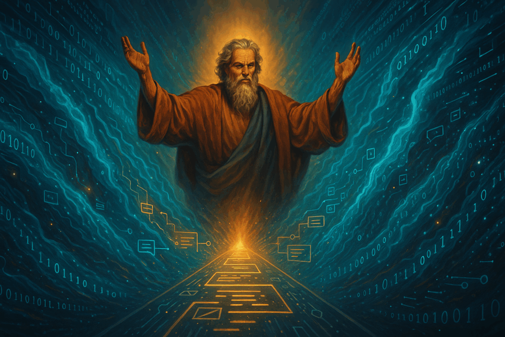 Moses parting a digital sea—only instead of water, it’s chaotic data, and the parted path is lined with glowing code or messaging sequences.