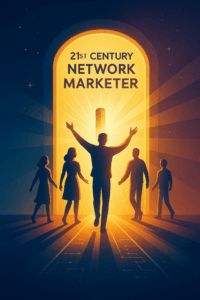 A shining doorway or portal labeled “21st Century Network Marketer” with light pouring out, and silhouettes of people stepping through with open posture.