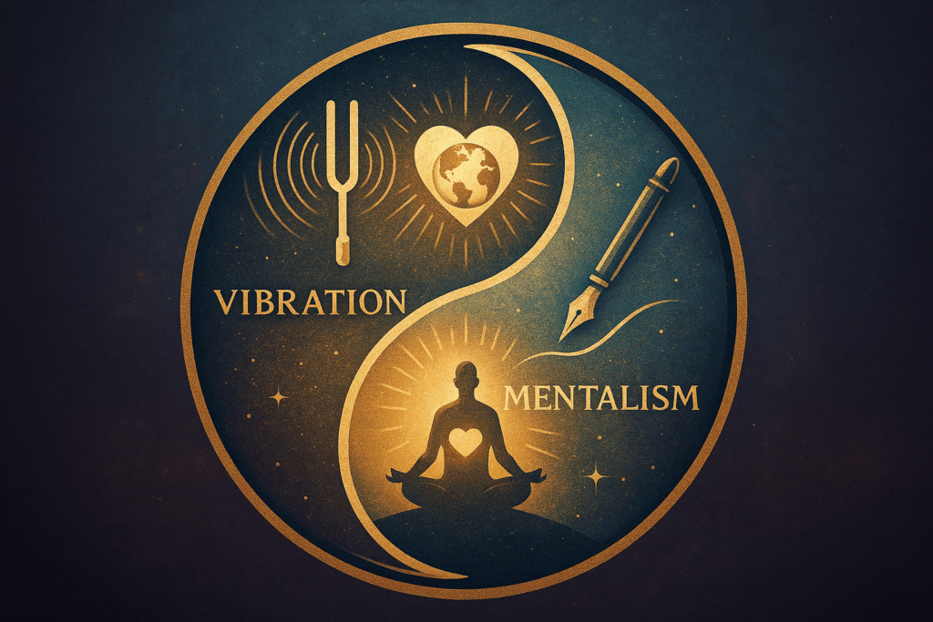 A yin-yang-style visual—one half a tuning fork radiating frequency (vibration), the other a pen writing reality (mentalism), connected at the center by a heart or globe.