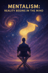 A person at a movie director’s chair on a vast cosmic stage—behind them, celestial bodies swirl while a glowing script writes itself into existence.