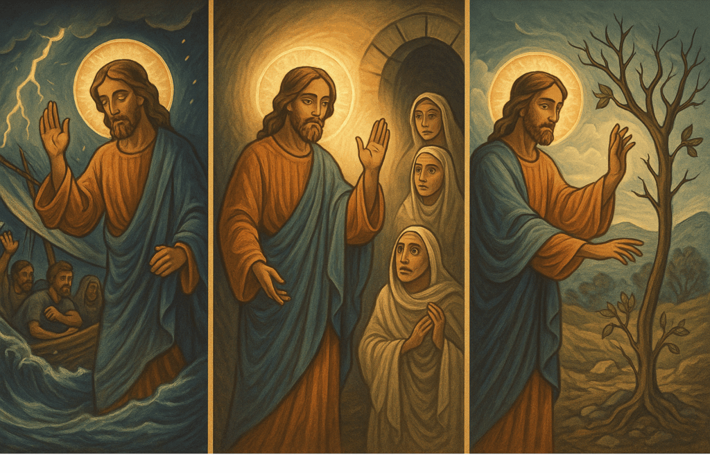 Three-part triptych style illustration showing:
Jesus calming a storm with raised hand ("Peace, be still")
Lazarus walking out of the tomb ("Come forth")
A fig tree withering ("May no one eat fruit...")