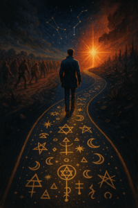 A figure walking a glowing path inscribed with sigils and constellations. The path splits from a crowded, chaotic road filled with distractions.