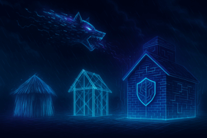Three futuristic structures: one made of glowing fiber strands (straw), one of holographic sticks, and one a gleaming neon-lit digital fortress (bricks).