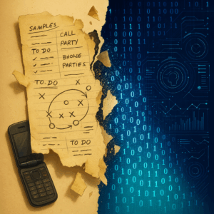 An old paper playbook torn apart in mid-air, dissolving into binary code.
