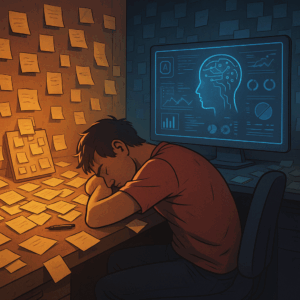 A digital marketer slumped over a desk, surrounded by sticky notes and analog chaos, while a glowing AI dashboard sits unused in the background.