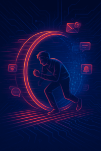 A figure running in a neon hamster wheel, emails and notifications swirling around them.