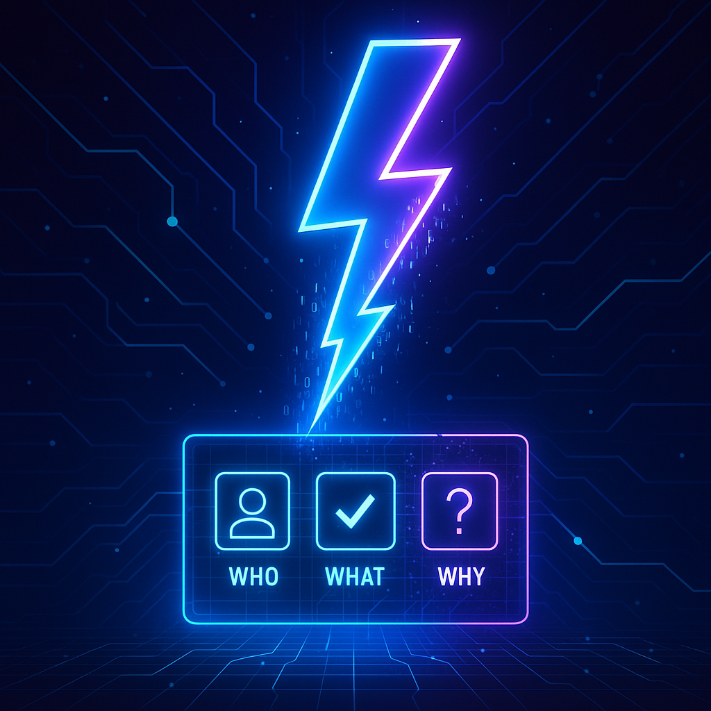 A neon lightning bolt striking a holographic display showing the trifecta: Who, What, Why.