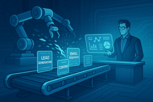 A seamless conveyor belt of marketing assets moving through a smart machine. The marketer simply oversees it all from a holographic dashboard.