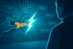 A person inserting a glowing key (labeled “System”) into a digital engine, which lights up and activates lead flow, emails, content, and dashboards.