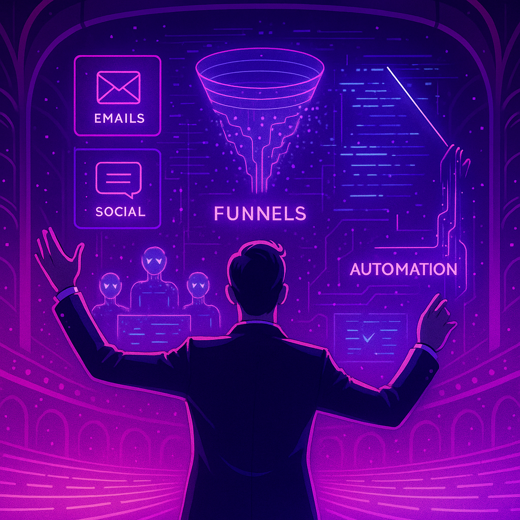 The marketer as a conductor in a cyber concert hall—AI-powered systems acting as musicians (funnels, emails, social, automation).