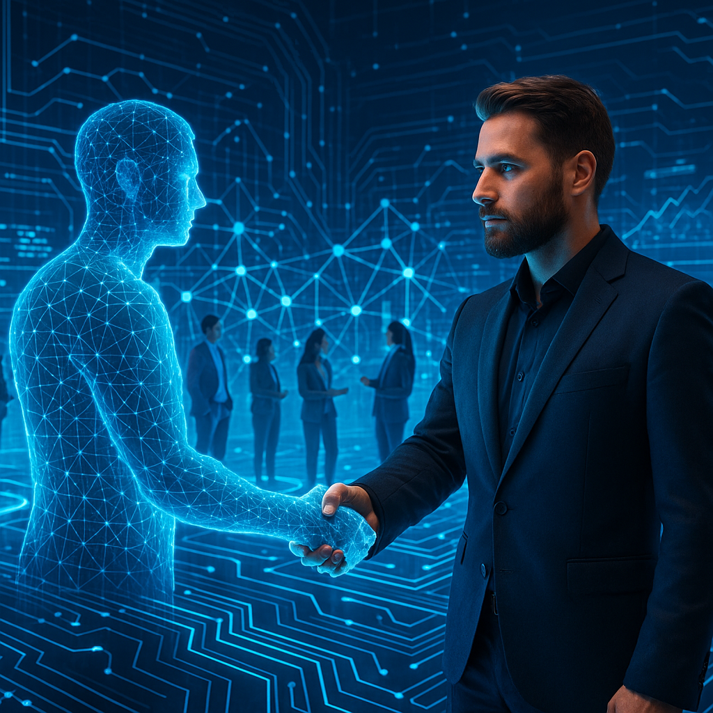 A hyper-realistic digital image showing a professional man in a dark suit shaking hands with a glowing blue holographic figure, symbolizing partnership in the digital age.