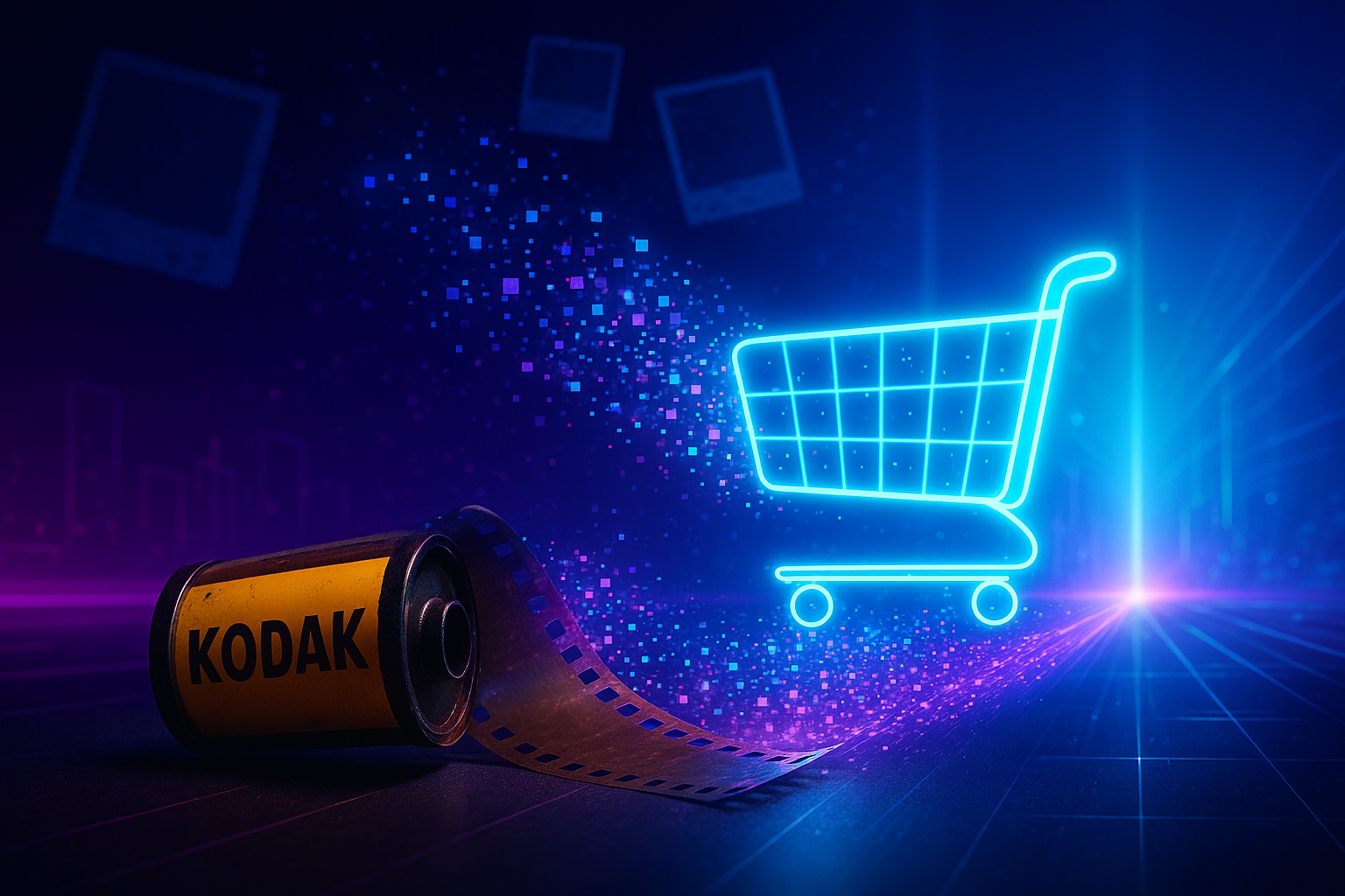 Image of a disappearing role of film next to a glowing futuristic shopping cart.