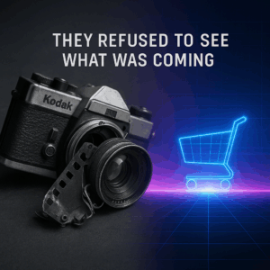 A black-and-white image of a broken Kodak camera, foreground sharp, background fading into a bright digital landscape with a neon shopping cart on a glowing horizon.
