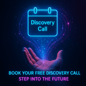 A glowing digital calendar page with a highlighted Discovery Call date floating above an outstretched hand surrounded by swirling neon particles.
