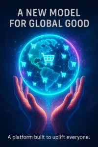 Hands holding a radiant orb containing a digital Earth wrapped in interconnected glowing shopping carts linked by neural-network-like light strands.