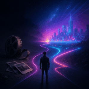 A person standing at a neon-lit fork in the road, one path leading into darkness with a crumbling film reel, the other to a bright futuristic city skyline glowing with digital light networks.