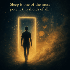 A figure standing at a glowing doorway made of stars, stepping into a dreamscape filled with symbols of growth—like blooming flowers and digital data streams.
