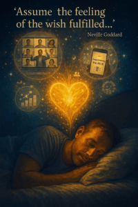 A person in bed, dream bubbles showing scenes of fulfilled desires (team growth, messages of success, personal celebration).
