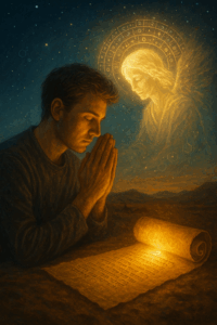 A figure in prayer or reflection beside a glowing Essene scroll, with an angelic figure made of light whispering over their shoulder.
