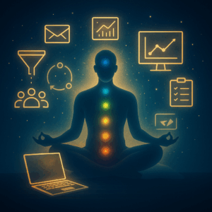 A glowing chakra-aligned body sitting peacefully, surrounded by floating icons of automation: funnels, emails, analytics dashboards—like constellations orbiting a calm center.
