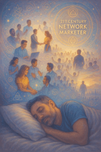 A person peacefully asleep, dream vision showing a community of conscious creators building success together, with the phrase “21st Century Network Marketer” glowing in the corner of the dream.
