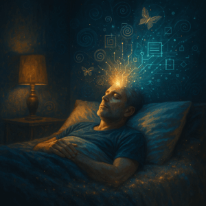 A middle-aged digital entrepreneur resting on a bed that dissolves into stardust, his thoughts visually turning into glowing digital networks.
