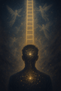 Overlay of a human figure (seen from behind) with neural pathways lighting up as the ladder extends from the head.
