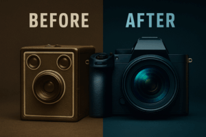 A split-frame graphic showing “Before” and “After”:
Left side: retro Kodak camera in sepia tones
Right side: high-tech mirrorless digital camera in vivid color

