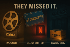 A visual timeline (or triptych) with:
Kodak film reel dissolving into pixels
Blockbuster store sign crumbling while a glowing Netflix app icon rises
Borders store darkened as an Amazon Prime delivery box glows beside it
