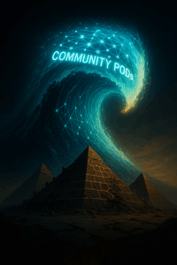 A rising wave of digital energy or light forming into a network diagram labeled "Community PODs," cresting over traditional pyramid structures crumbling below.
