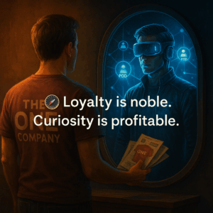 A person staring at a mirror: in the reflection they’re wearing a futuristic headset and surrounded by glowing PODs, but in reality, they’re wearing a faded company T-shirt holding outdated flyers.
