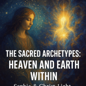 Symbolic representation of Sophia & Christ-Light: feminine figure surrounded by starlight or cosmic fractals meeting masculine light.