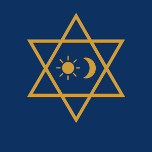 Intersecting triangle icons: upward (masculine/fire), downward (feminine-water), overlapping; with a small sun & moon emblem at center.