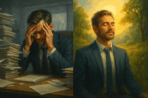 Conceptual collage—businessperson consumed by documents on left; same person serene with nature & light on right.