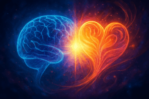 Stylized brain-heart illustration—left lobe technical/architectural, right lobe flowing/creative.
