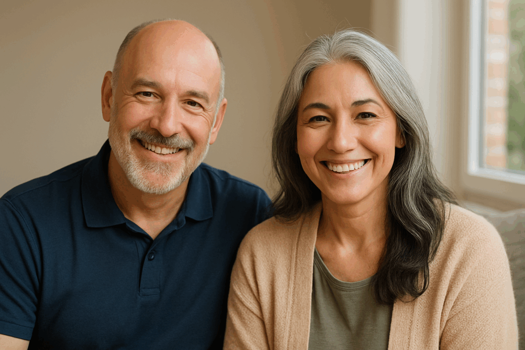 Illustration of coach + client smiling—side-by-side.
