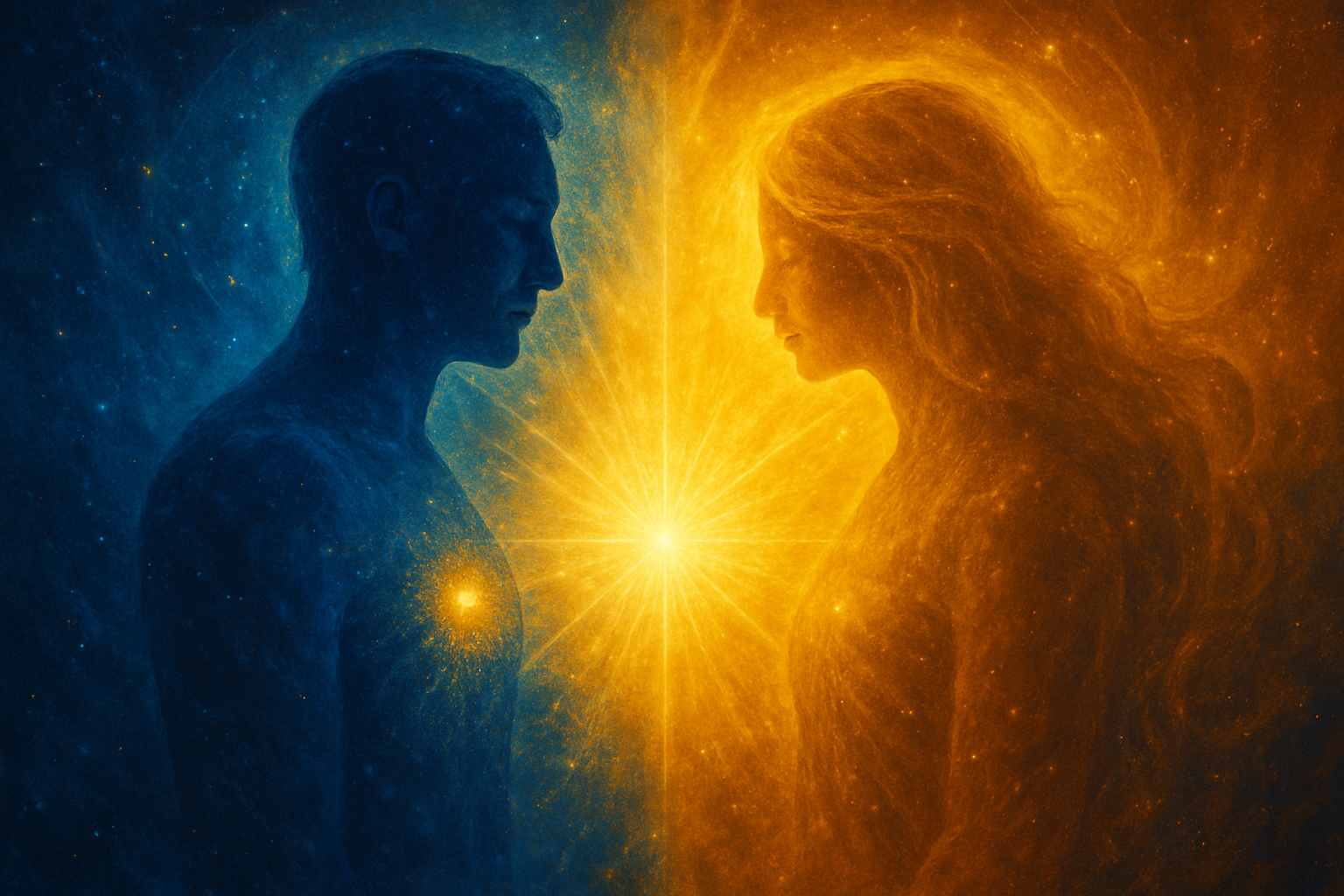 A cosmic digital painting of two ethereal human figures—one masculine in deep blue and one feminine in radiant gold—facing each other.