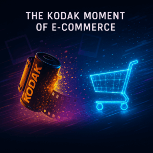 A collapsing Kodak film roll morphing into a glowing digital shopping cart emerging from pixels.