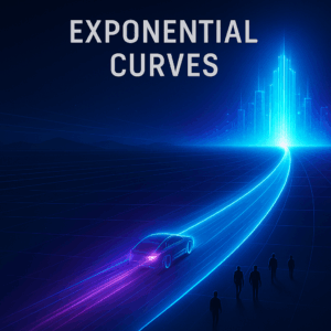 A curved exponential graph represented as a digital highway ascending sharply into a glowing bright skyline.