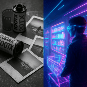A split-panel image: Left: faded, broken Kodak film rolls and Polaroid photos in grayscale Right: vibrant futuristic shopping experience with AR glasses, digital shelves, and neon-lit carts