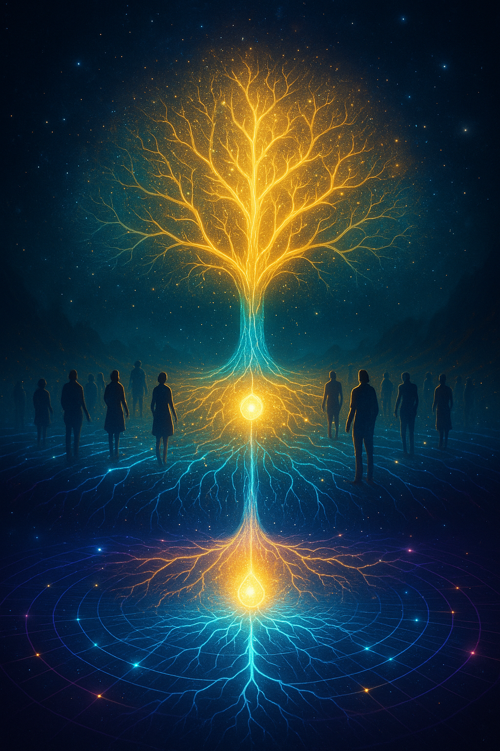 Conscious capitalism depicted as a glowing tree with brilliant roots connecting a community.