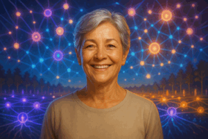 A symbolic digital image showing a peaceful, empowered middle-aged shopper smiling while a glowing network of neon light nodes expands behind them.